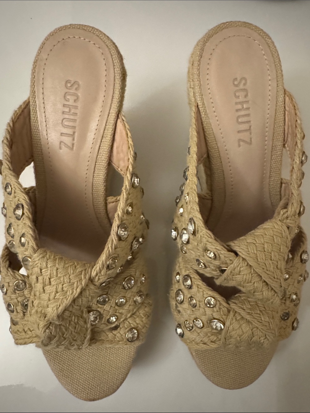 SCHUTZ Beige Braided Jeweled Slide Mules